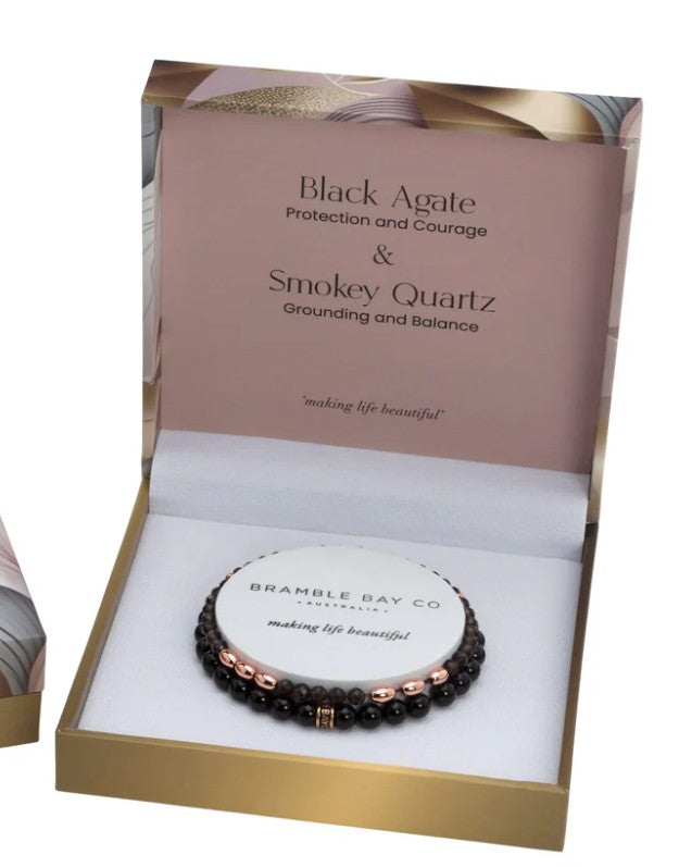 Duo Bracelet - Black Agate and Smokey Quartz (Rose Gold)