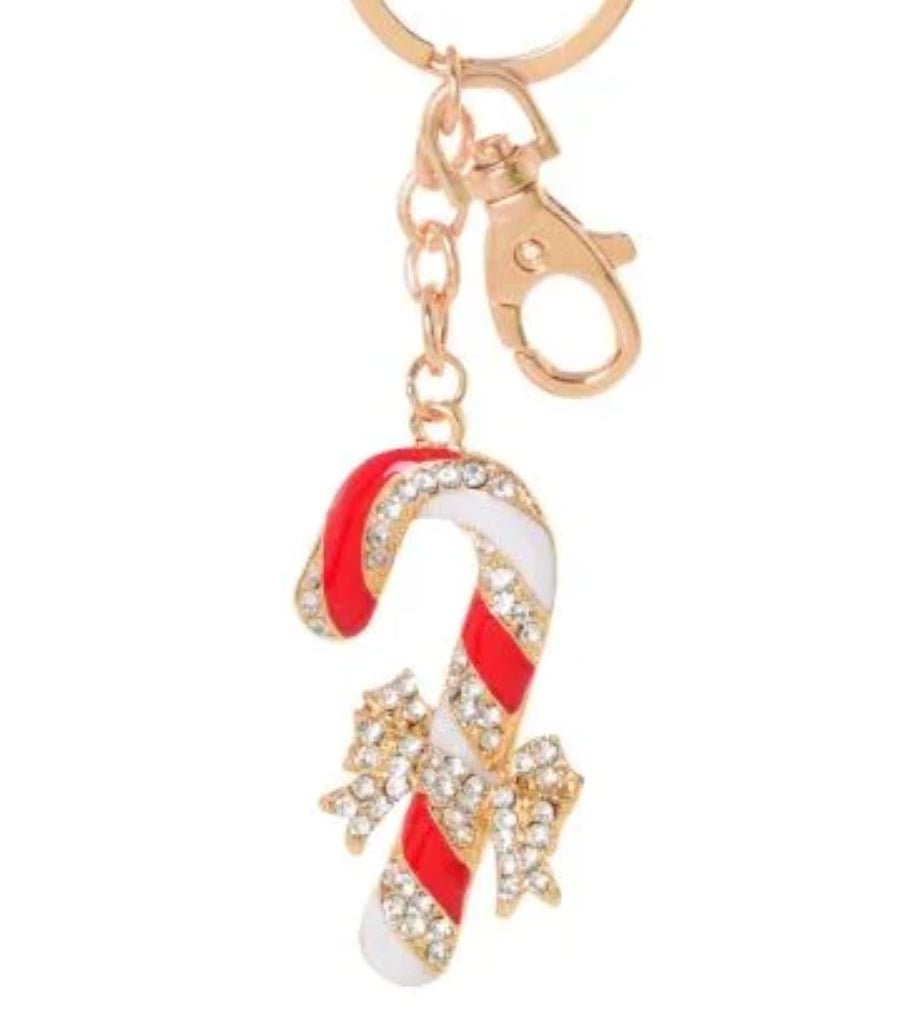 Keyring - Christmas Candy Cane Striped Red and White