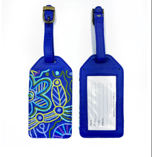 First Nations Blue Leather Luggage Tag Embroidered