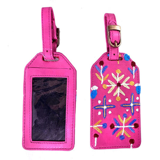 First Nations Pink Leather Luggage Tag Embroidered